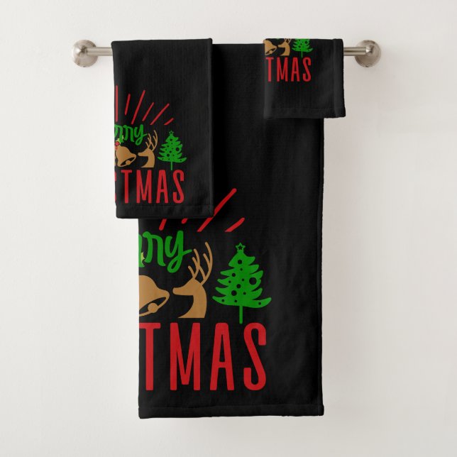 Merry Christmas Trees Text On Black Bath Towel Set (Insitu)