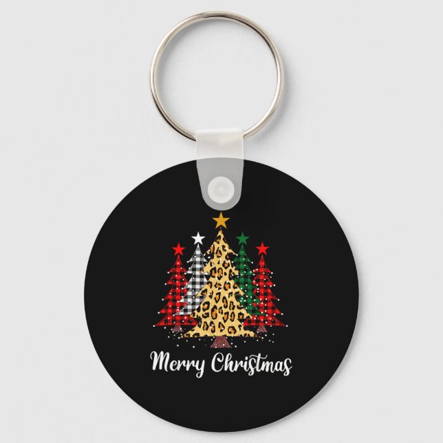 Merry Christmas Trees With Buffalo Plaid &amp; Leo Key Ring (Front)