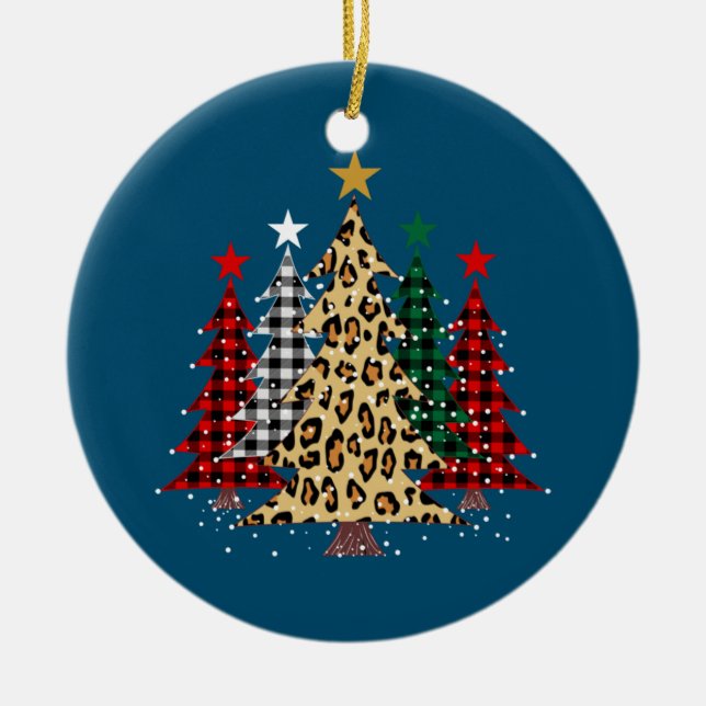 Merry Christmas Trees with Buffalo Plaid & Leopard Ceramic Ornament (Front)