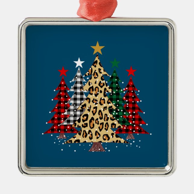 Merry Christmas Trees with Buffalo Plaid & Leopard Metal Ornament (Front)