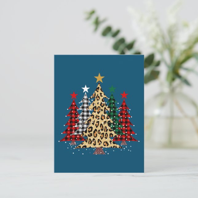 Merry Christmas Trees with Buffalo Plaid & Leopard Postcard (Standing Front)