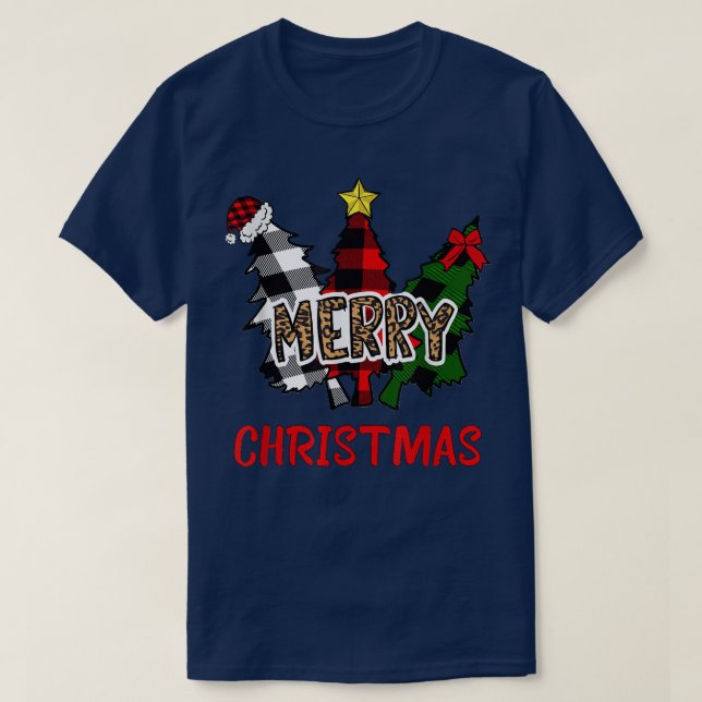 Merry Christmas Trees with Buffalo Plaid & Leopard T-Shirt (Design Front)
