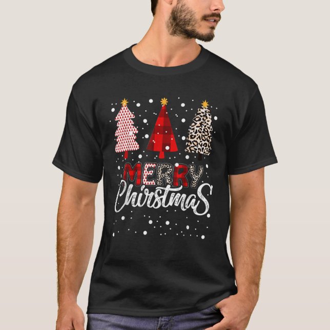 Merry Christmas Trees Xmas Plaid Leopard Cheetah P T-Shirt (Front)