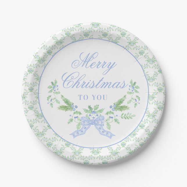 Merry Christmas Trellis and Swag with Blue Bow Paper Plate (Front)