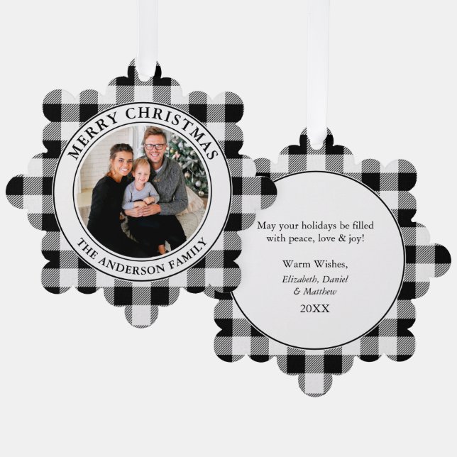 Merry Christmas Trendy Black and White Plaid Tree Decoration Card (Front/Back)