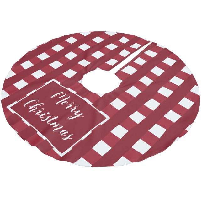 Merry Christmas Trendy Buffalo Check Red And White Brushed Polyester Tree Skirt (Angled)