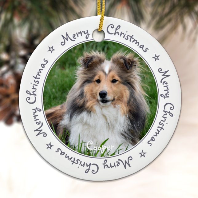 Merry Christmas Trendy Gray Unique Pet Dog Photo Ceramic Ornament (Creator Uploaded)