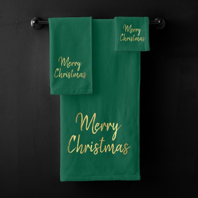 Merry Christmas | Trendy Green and Gold Modern Bath Towel Set (Creator Uploaded)