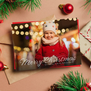 Merry Christmas trendy ribbon script one photo  Holiday Card