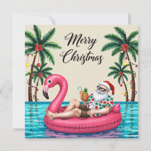 Merry Christmas Tropical Santa Summer Pool Party Holiday Card