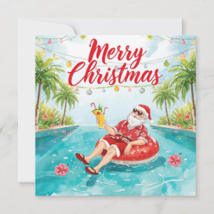 Merry Christmas Tropical Santa Summer Pool Party Holiday Card