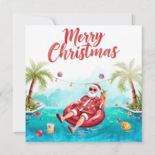 Merry Christmas Tropical Santa Summer Pool Party Holiday Card