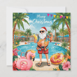 Merry Christmas Tropical Santa Summer Pool Party Holiday Card