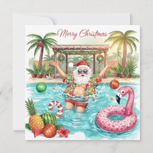 Merry Christmas Tropical Santa Summer Pool Party Holiday Card