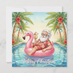 Merry Christmas Tropical Santa Summer Pool Party Holiday Card
