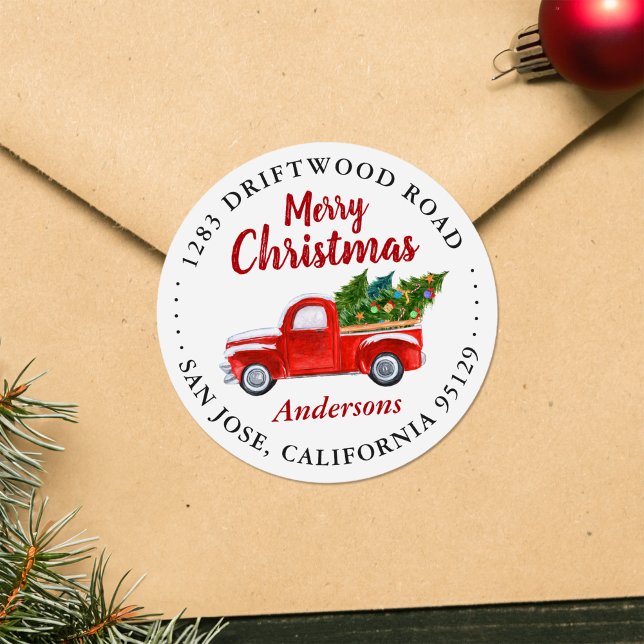 Merry Christmas Truck and Christmas Trees Address Classic Round Sticker (Creator Uploaded)