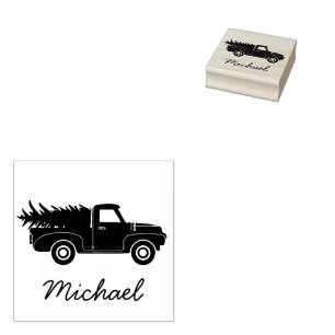 Merry Christmas truck and tree Personalised Name Rubber Stamp