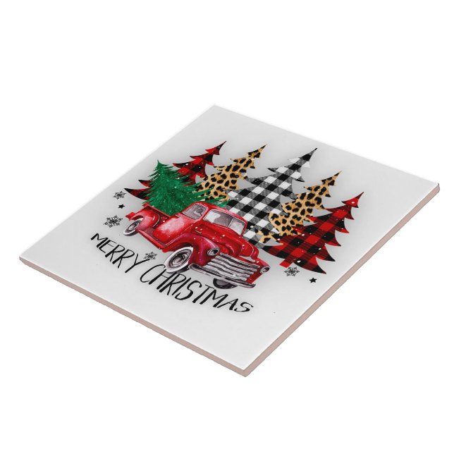 Merry Christmas truck and trees Ceramic Tile (Side)