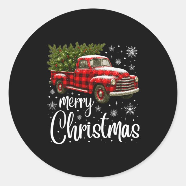 Merry Christmas Truck Buffalo Plaid Xmas Tree Men  Classic Round Sticker (Front)