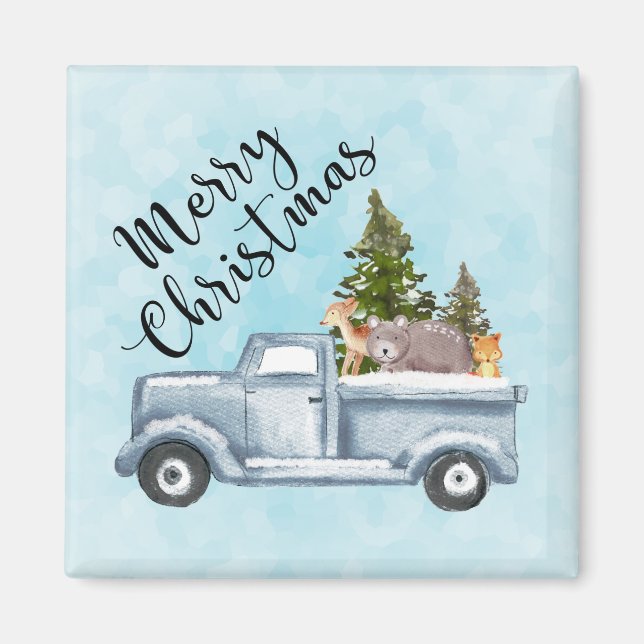 Merry Christmas Truck Carrying Trees & Animals Magnet (Front)