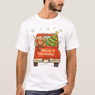 Merry Christmas Truck Highland Cow Tree Cosy Xmas T-Shirt
