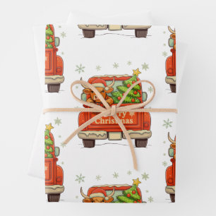 Merry Christmas Truck Highland Cow Tree Cosy Xmas Wrapping Paper Sheet