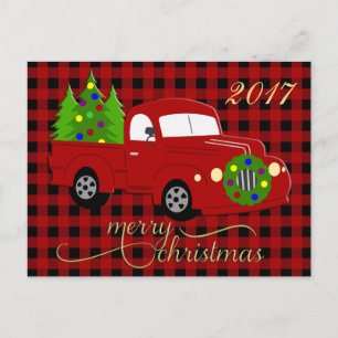 Merry Christmas Truck & Tree Red Plaid Postcard