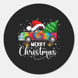 Merry Christmas Truck Tree Santa Hat Lights Matchi Classic Round Sticker