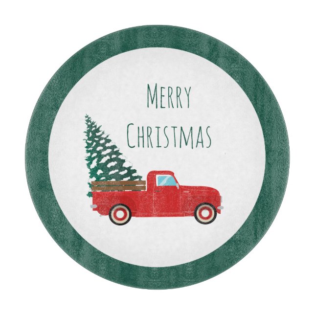 Merry Christmas Truck With Christmas Treen Green Cutting Board (Front)