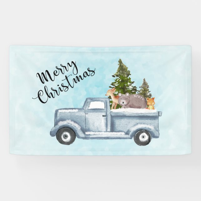 Merry Christmas Truck with Cute Animals Banner (Horizontal)