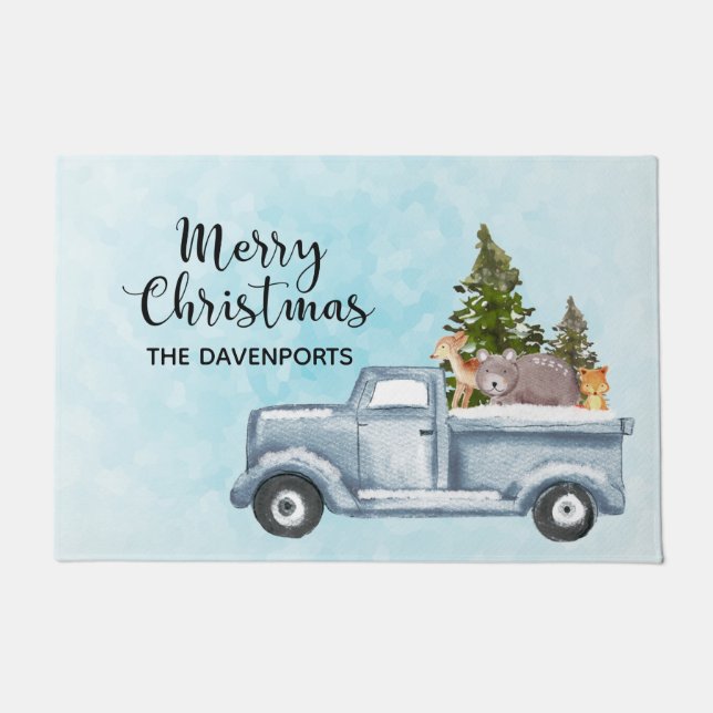 Merry Christmas Truck with Cute Animals Doormat (Front)