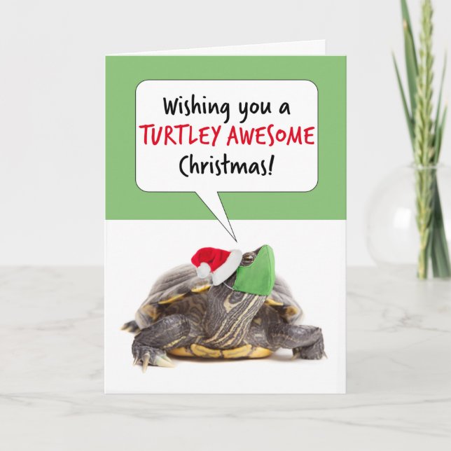 Merry Christmas Turtle in Santa Hat and Face Mask Holiday Card (Front)