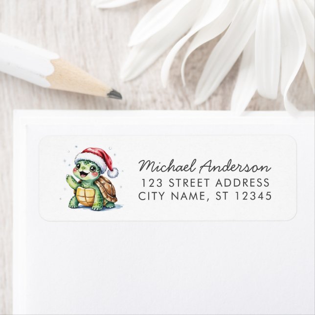 Merry Christmas Turtle in Santa Hat Return Address Label (Insitu)