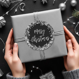 Merry Christmas Twinkling Silver Stars Classic Round Sticker