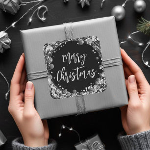 Merry Christmas Twinkling Silver Stars Square Sticker