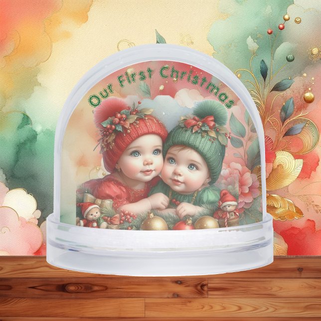 Merry Christmas Two Babies Family Photo Red Green  Snowglobe (Merry Christmas Two Babies Family Photo Red Green Snow Globes)