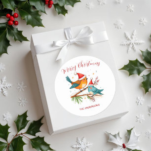 Merry Christmas Two Loving Birds Classic Round Sticker