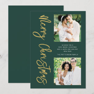 Merry Christmas Two Photo Forest Green Gold Script Holiday Card