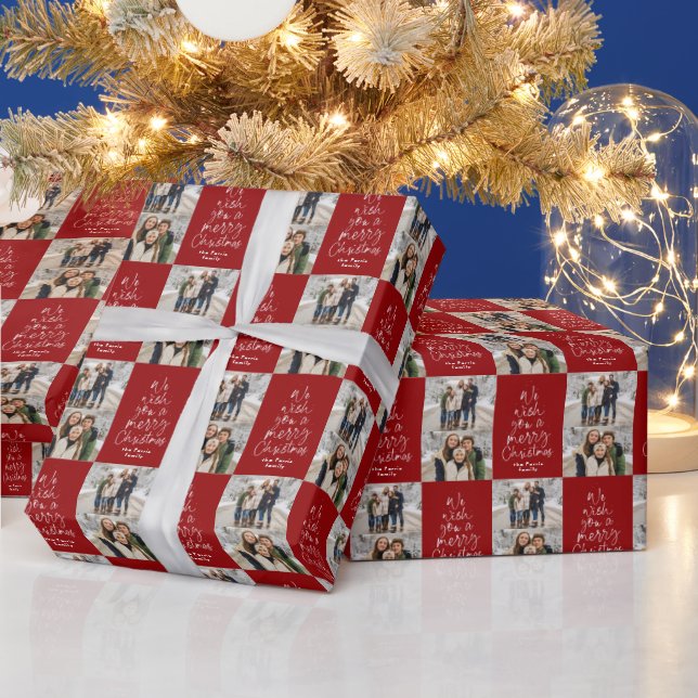 Merry Christmas two photo personalised dark red Wrapping Paper (Holidays)