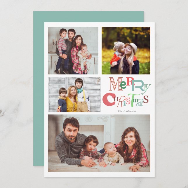 Merry Christmas Typography 4 Photo Collage Cute Invitation (Front/Back)