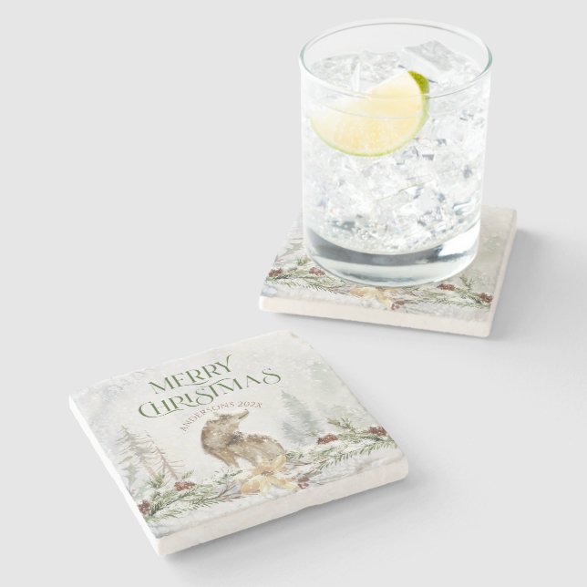 Merry Christmas Typography and Flowers with wolf Stone Coaster (Side)