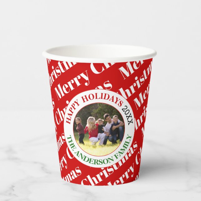 Merry Christmas typography and photo holiday Paper Cups (Front)