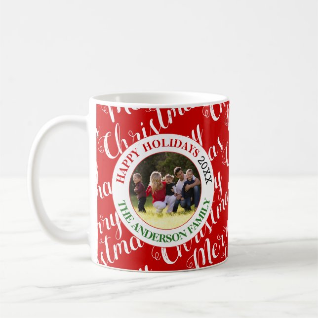 Merry Christmas typography and photo red holiday Coffee Mug (Left)