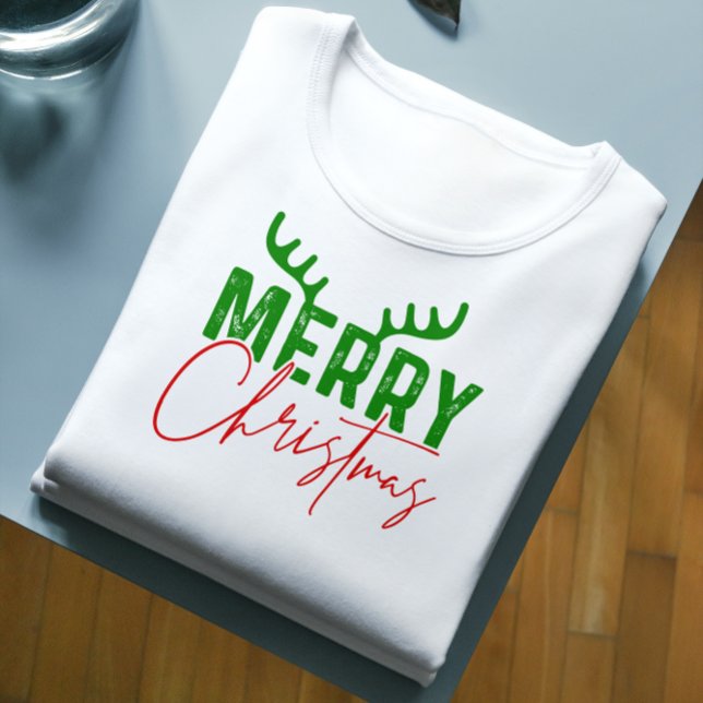 Merry Christmas Typography Antlers Red And Green T-Shirt (Creator Uploaded)
