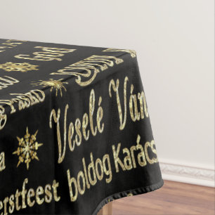 Merry Christmas Typography Black & Gold Glitter Tablecloth