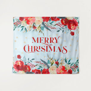 Merry Christmas typography Boho flowers border Tapestry