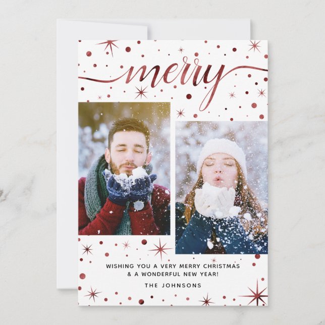Merry Christmas Typography Burgundy 2-Photo Holiday Card (Front)