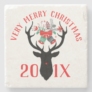 Merry Christmas-Typography Christmas Bells & Deer Stone Coaster