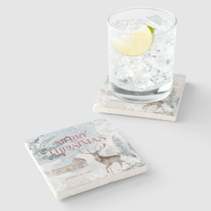 Merry Christmas Typography Christmas Deer Stone Coaster