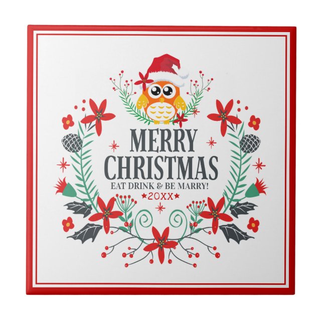 Merry Christmas Typography Christmas Owl Wreath Tile (Front)